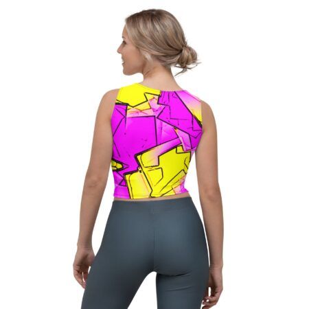 Īsais sporta tops ar krāsainu apdruku rozā un dzeltenos toņos.