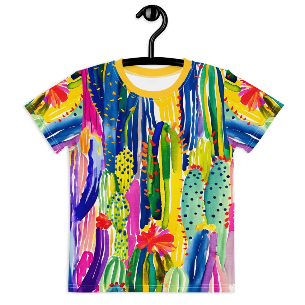 T-krekls bērniem “Rosario” ir tik krāsains un vasarīgs! Dizains veidots kā kaktusu motīvu interpretācija košā rokas gleznojumā. Vecāki noteikti novērtēs arī krekla praktiskās īpašības, jo tas saglabās savu izskatu un formu pat pēc vairākkārtējām mazgāšanām. Krekls “Rosario” ir piemērots gan ikdienai bērnudārzā, gan rotaļām brīvā dabā. Krekls lieliski saderēs kopā ar šortiem, biksēm vai svārciņiem. Ienes krāsas sava mazā piedzīvojumu meklētāja garderobē!
