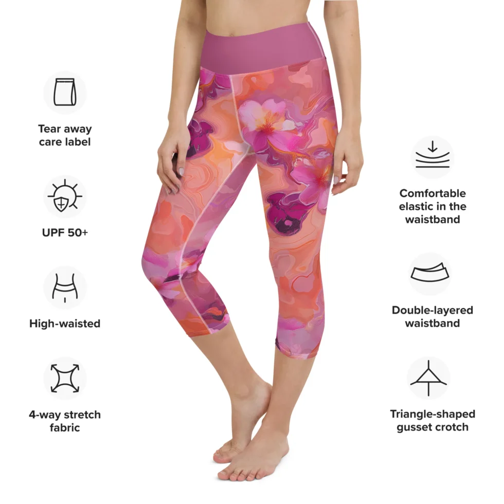 Kapri sporta legingi “Evelīna” rozā toņos ar sakuras motīvu ieviesīs sievišķīgu noskaņu Tavā fitnesa garderobē. Legingi ir šūti no augstas kvalitātes poliestera auduma ar spandeksa piejaukumu, lai tie nevainojami piekļautos Tavām auguma aprisēm un nezaudētu formu pat pēc vairākkārtējām mazgāšanām. Īpašu komfortu sporta aktivitātēs nodrošina paaugstinātā jostasvieta.