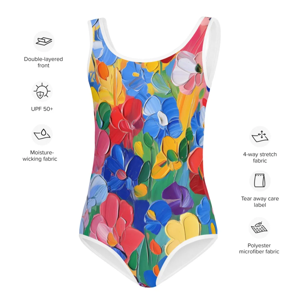 Meiteņu peldkostīms “Ulla” ir kā krāšņs vasaras piedzīvojums, kas iemūžināts krāsainā zīmējumā, kas atgādina bērna gleznojumu eļļas tehnikā. Mazā meitenīte jutīsies ērti un pārliecināti visu vasaru, jo peldkostīmam ir vienkāršs un ērts piegriezums bez liekām detaļām. Pelkostīmā būs komfortabla sajūta, peldoties un spēlējoties ūdenī, kā arī baudot vasaras sauli pludmalē. Peldkostīma krāsas neizbalēs, kā arī tas nezaudēs savu formu. Ievēro kopšanas norādījumus uz etiķetes! Atpūšoties publiskā pludmalē, ir svarīgi arī, ka bērns ir krietni labāk pamanāms košas krāsas peldkostīmā, tāpēc tas ir vēl viens būtisks arguments par labu krāsainam peldkostīmam!