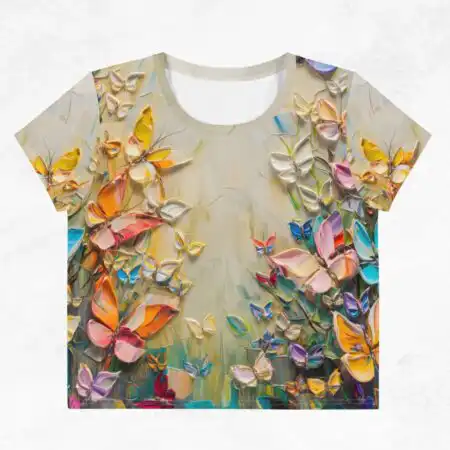 Sieviešu crop tops jeb saīsināta garuma krekls ar košu tauriņu dizainu, krekla priekšpuse. Izmēri līdz 3xl