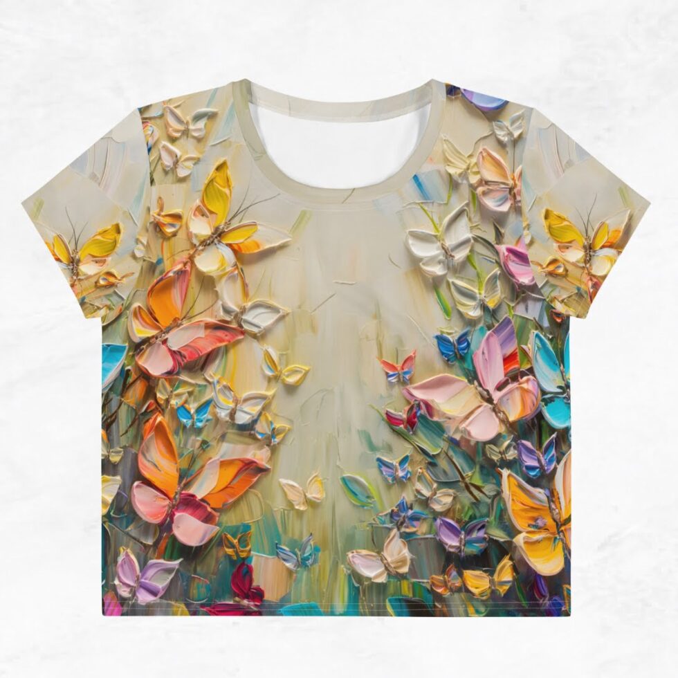 Sieviešu crop tops jeb saīsināta garuma krekls ar košu tauriņu dizainu, krekla priekšpuse. Izmēri līdz 3xl