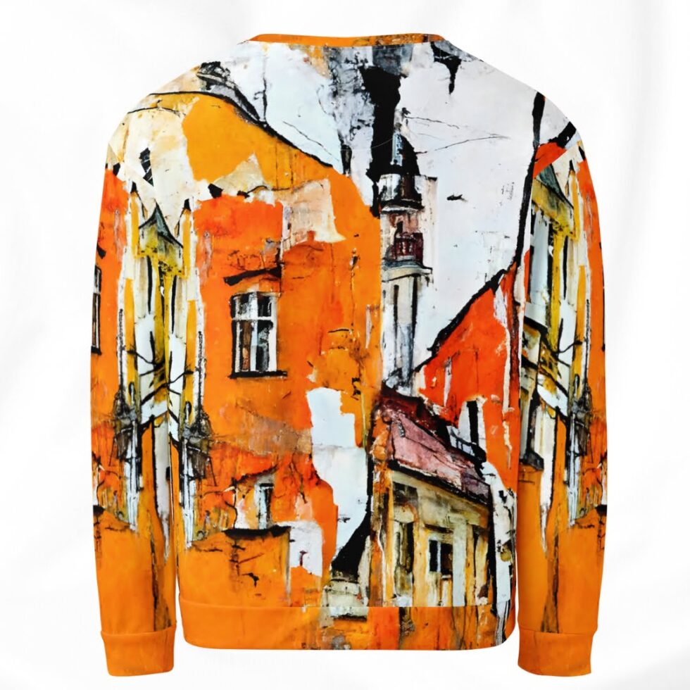 Unisex piegriezuma džemperis ar vecpilsētas siluetu dzintara toņos. Attēlā redzams džemperis no mugurpuses.