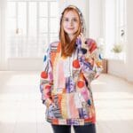 patchwork stila apdruka uz hūdija, košas krāsas, demonstrē meitene ar kapuci galvā