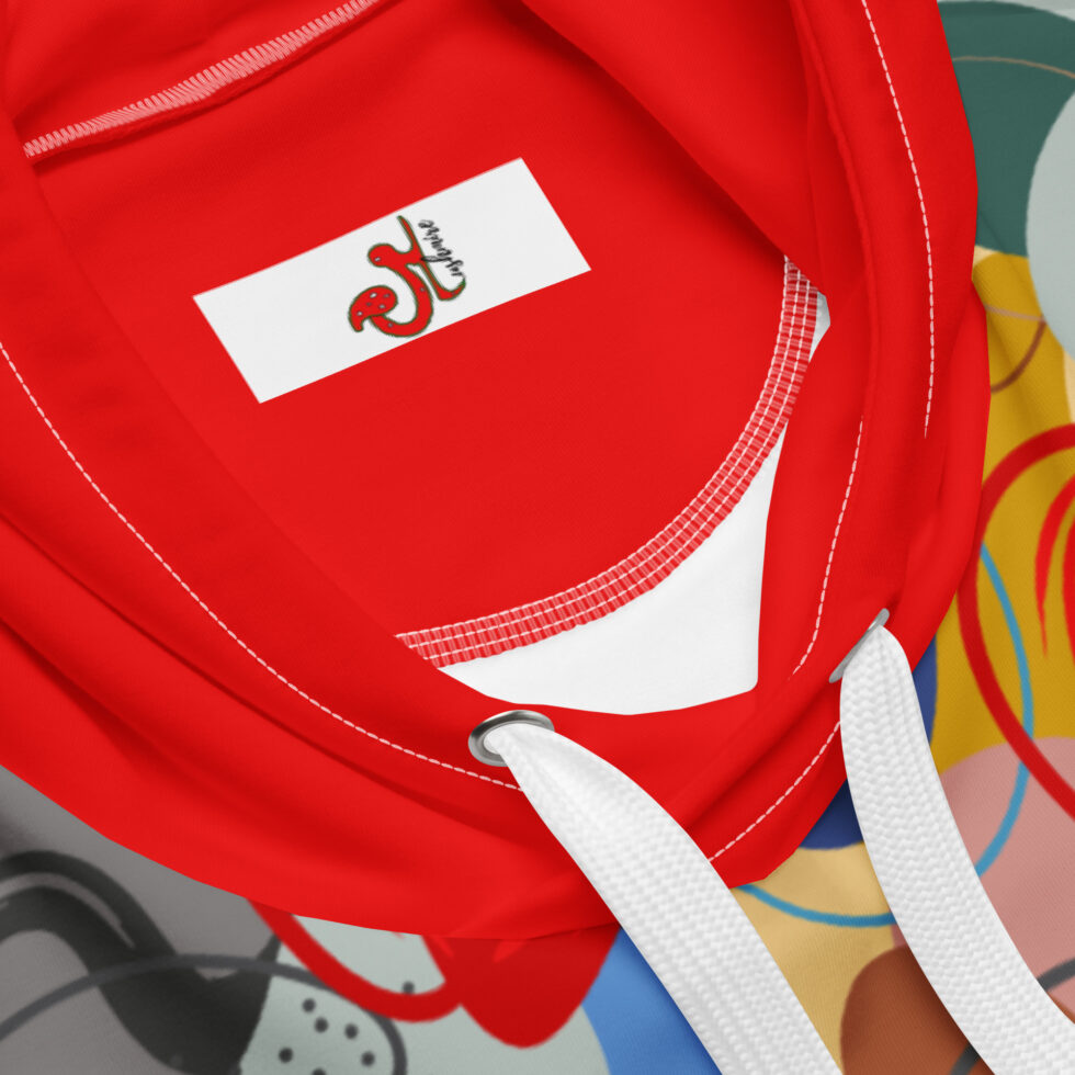 sarkana divpusēja kapuce no jakas ar kapuci "Forte", Mushmire logo jakas iekšpusē